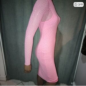 AFRM Small Pink Rhinestone Long Sleeve mesh Dress begonia